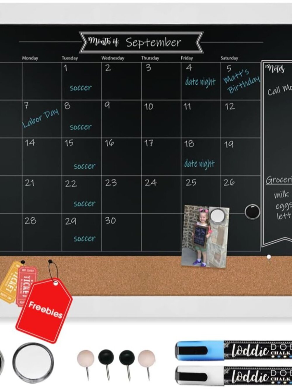 Framed Chalk Board Calendar for Wall, White Frame, 18 x 24 in